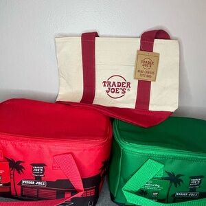 Set of 2 insulated mini Trader Joe bags and 1 red mini canvas tote